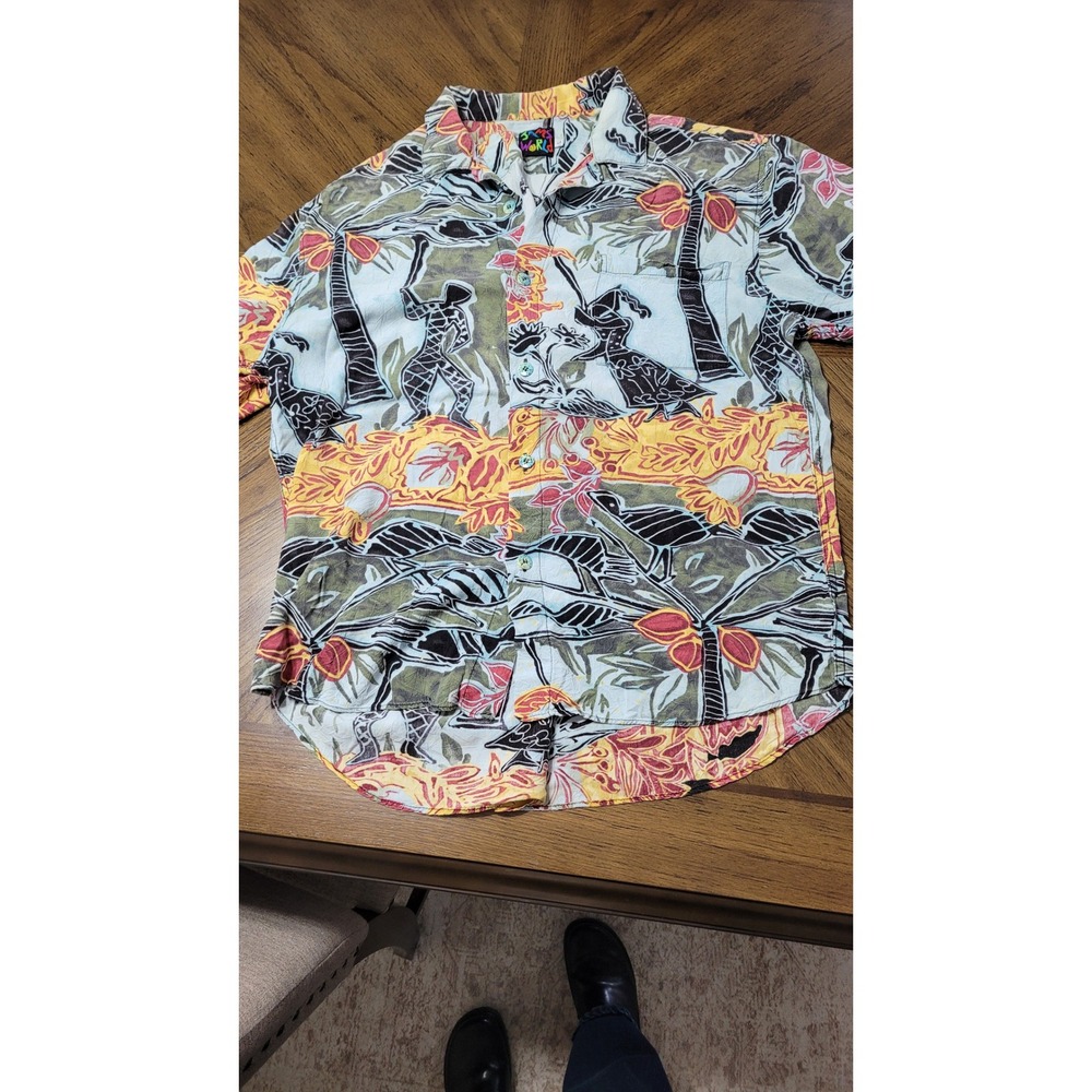 VTG Jams World Mens Hawaiian Short Sleeve Button Down FLAW sewn tear near pocket